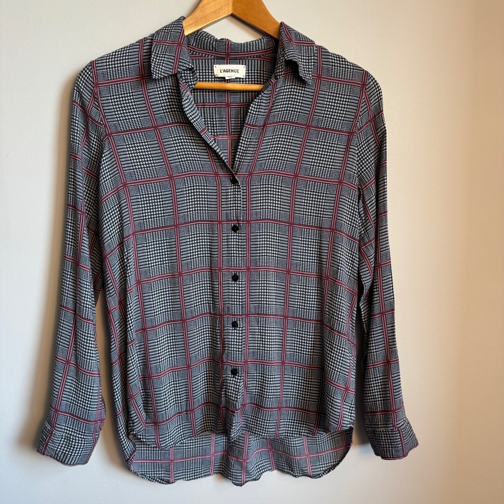 L'Agence Women's Houndstooth Button Down Long Sleeve Blouse Top Small Preppy